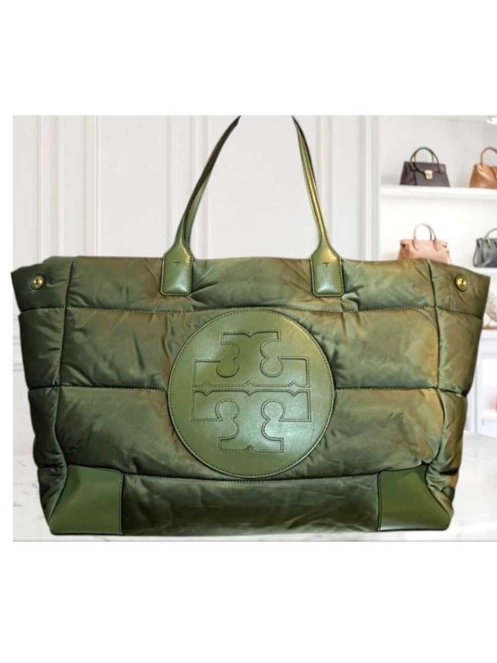AUTHENTIC TORY BURCH ARMY GREEN PUFFER ELLA TOTE